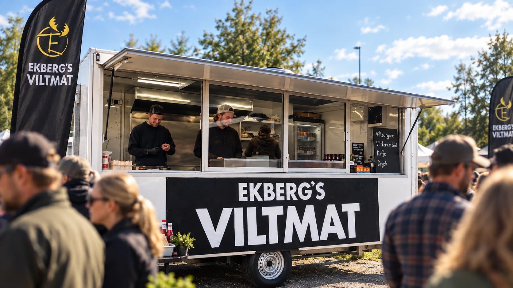 Ekbergs food trailer med personal i luckan och besökare framför, på ett utomhusarrangemang